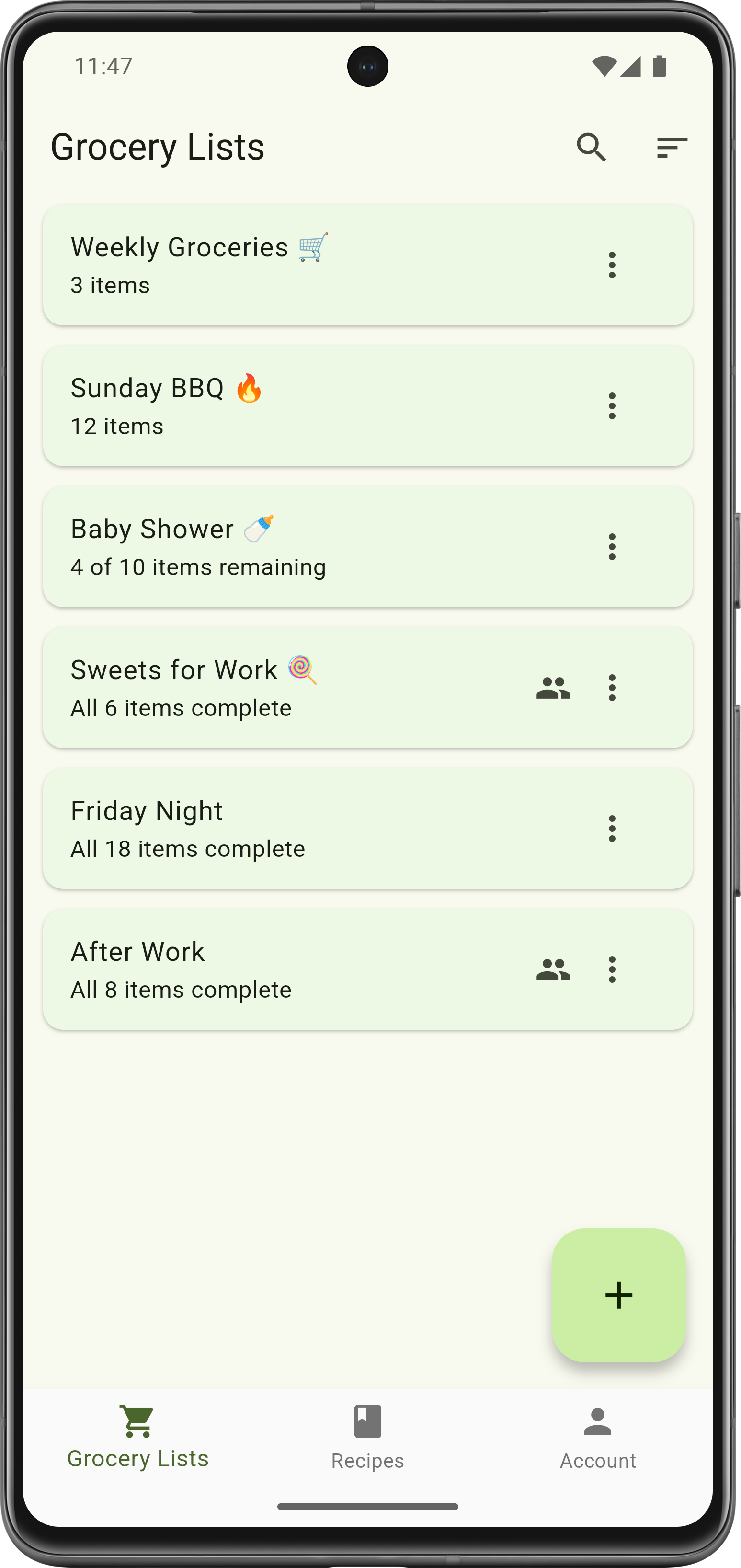 LimeList app showing grocery lists