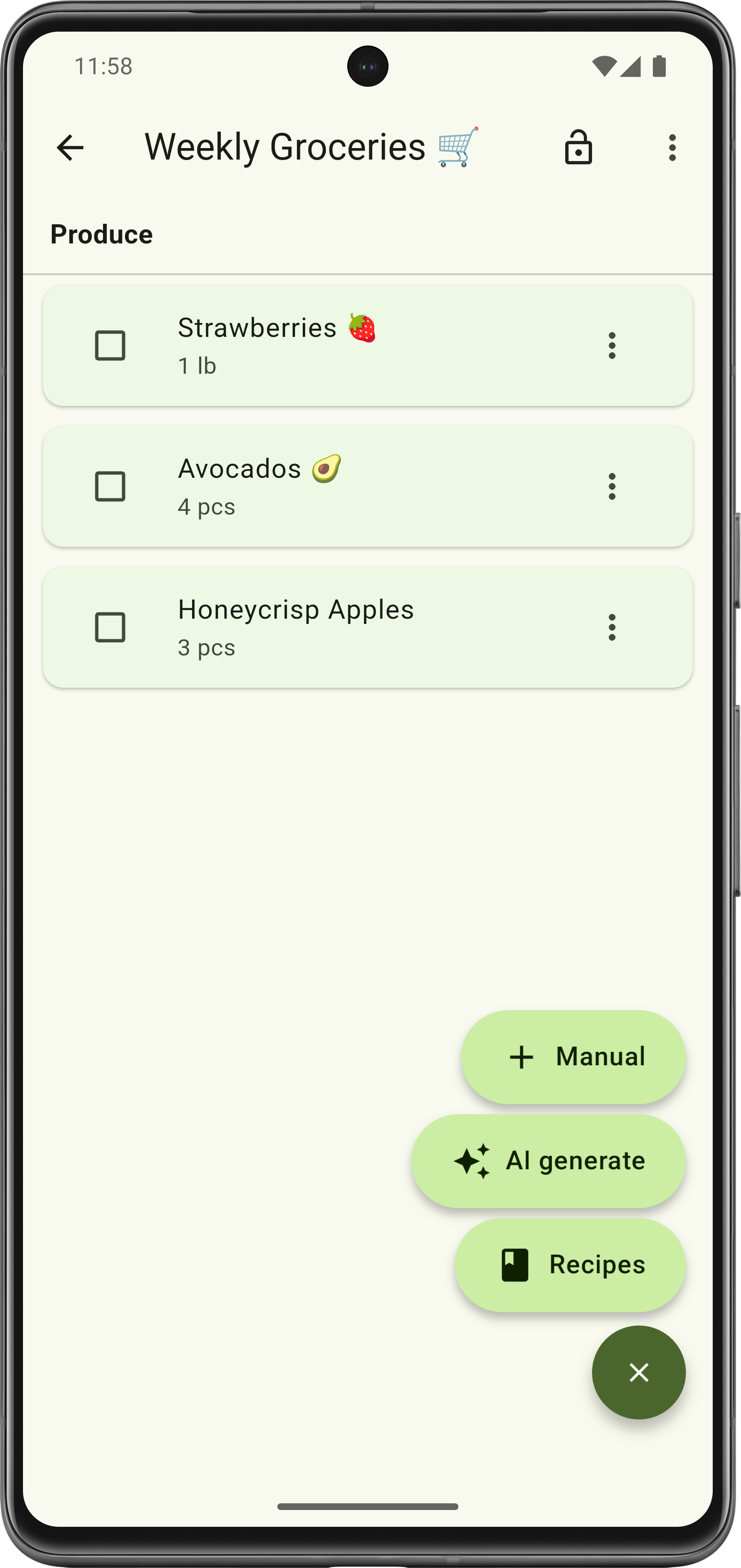 Add item options: Manual, AI generate, and Recipes