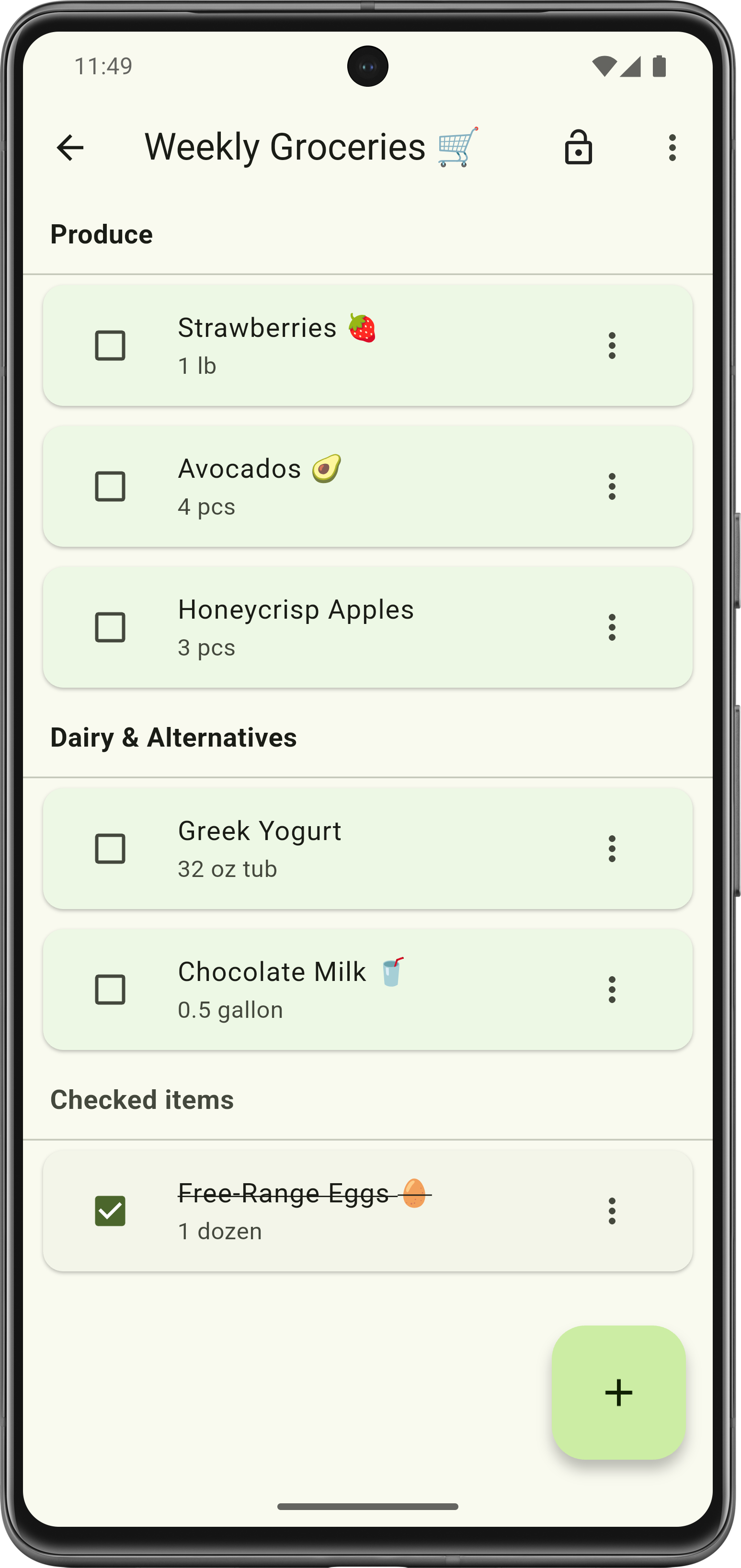 Grocery list with organized categories