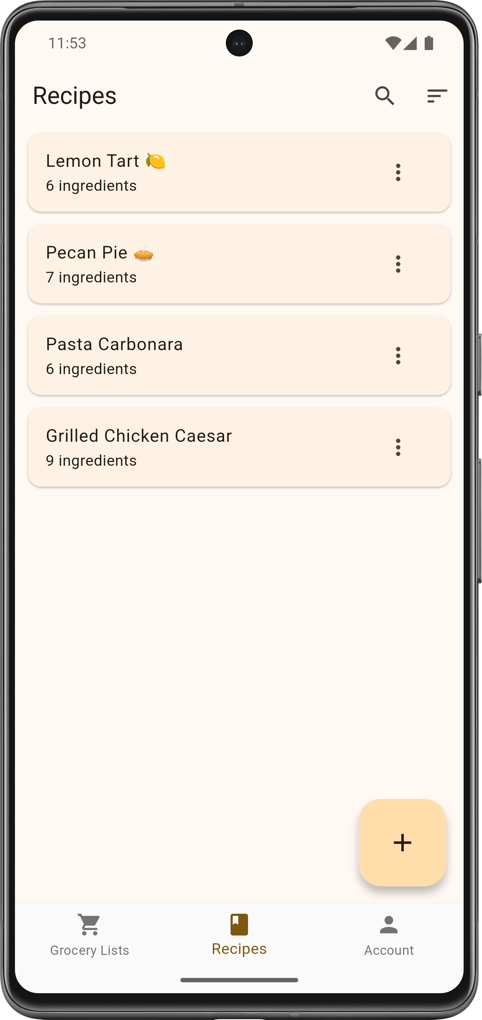 Recipe management screen